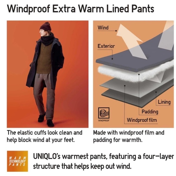 UNIQLO WindProof Extra Warm Line Pants In Black Winter Outdoor Fleece Pants Sz L - Picture 10 of 10